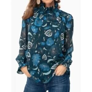 Tuckernuck Nouveau Floral Sadie Blouse Ruffle High Neck Blue Relaxed Women Small